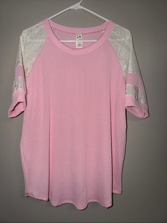 7th Ray Tops - 7th Ray Pink Knit Top with White Lace Sleeves